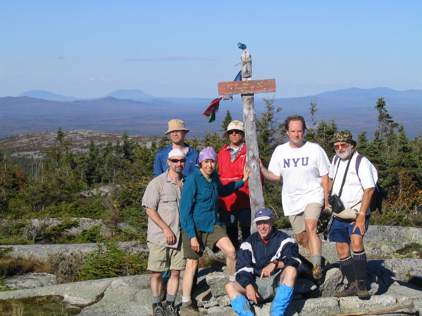 20.0 MM. The summit of Moxie Bald, is the highest point in this section at 2,629 feet. On a clear day like the one pictured you can still see Mt. Katahdin and North Brother Mountain to the north. Here is our group photo including Chris, Dave, Veronica, Ludwig, Aaron, Josh and Dean. Courtesy askus3@optonline.net